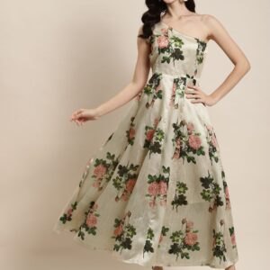 Beige & Peach-Coloured Floral One Shoulder Layered Maxi Dress