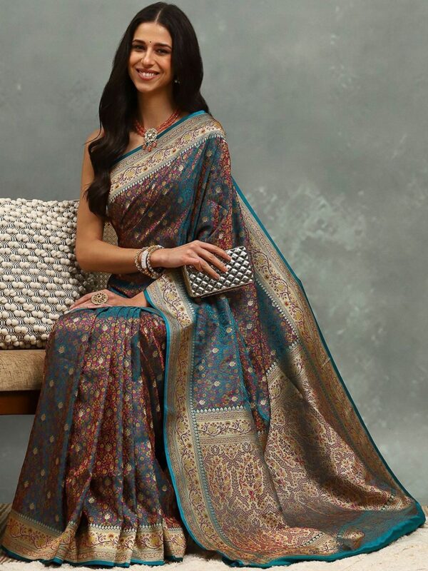 Meena Bazaar Ethnic Motifs Woven Design Zari Heavy Work Banarasi Saree - Image 3