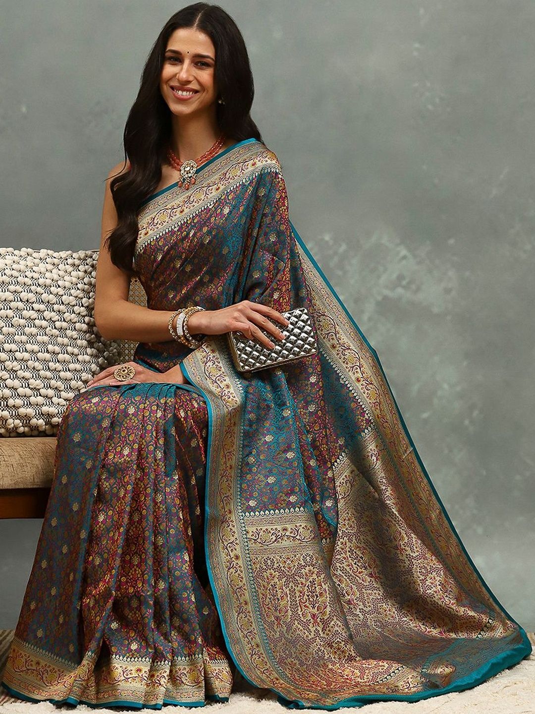 Meena Bazaar Ethnic Motifs Woven Design Zari Heavy Work Banarasi Saree - Image 3