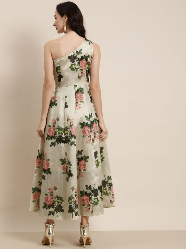 Beige & Peach-Coloured Floral One Shoulder Layered Maxi Dress - Image 4