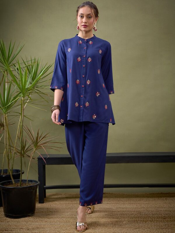 Blue Embroidered Shirt With Palazzos Co-Ords