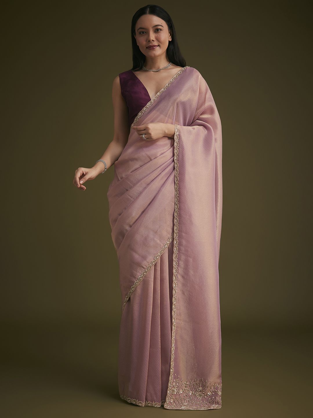 KALKI Fashion Striped Sequinned Tissue Saree With Contrast Blouse - Image 3