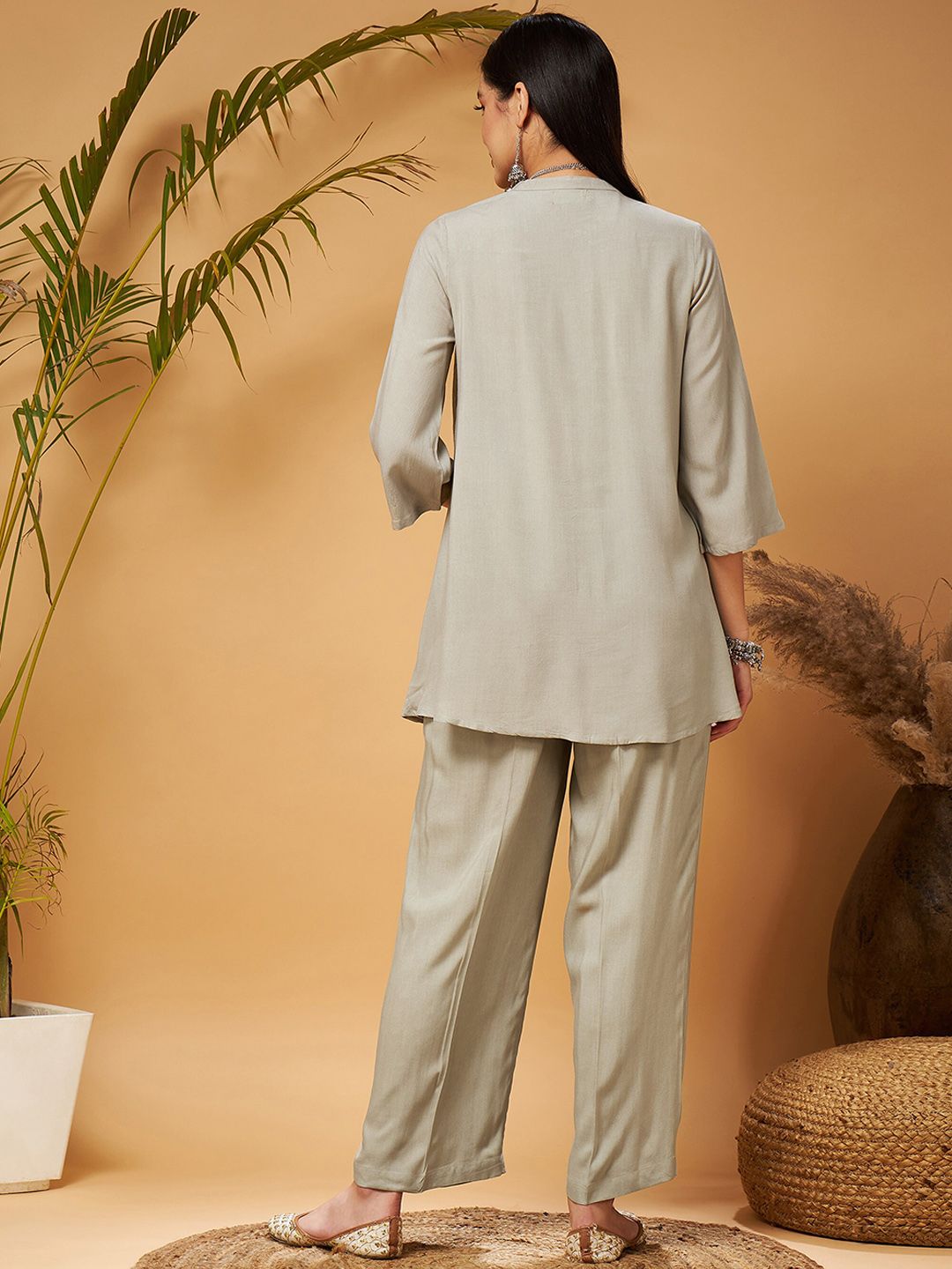 Taupe Embroidered Tunic With Palazzos - Image 3