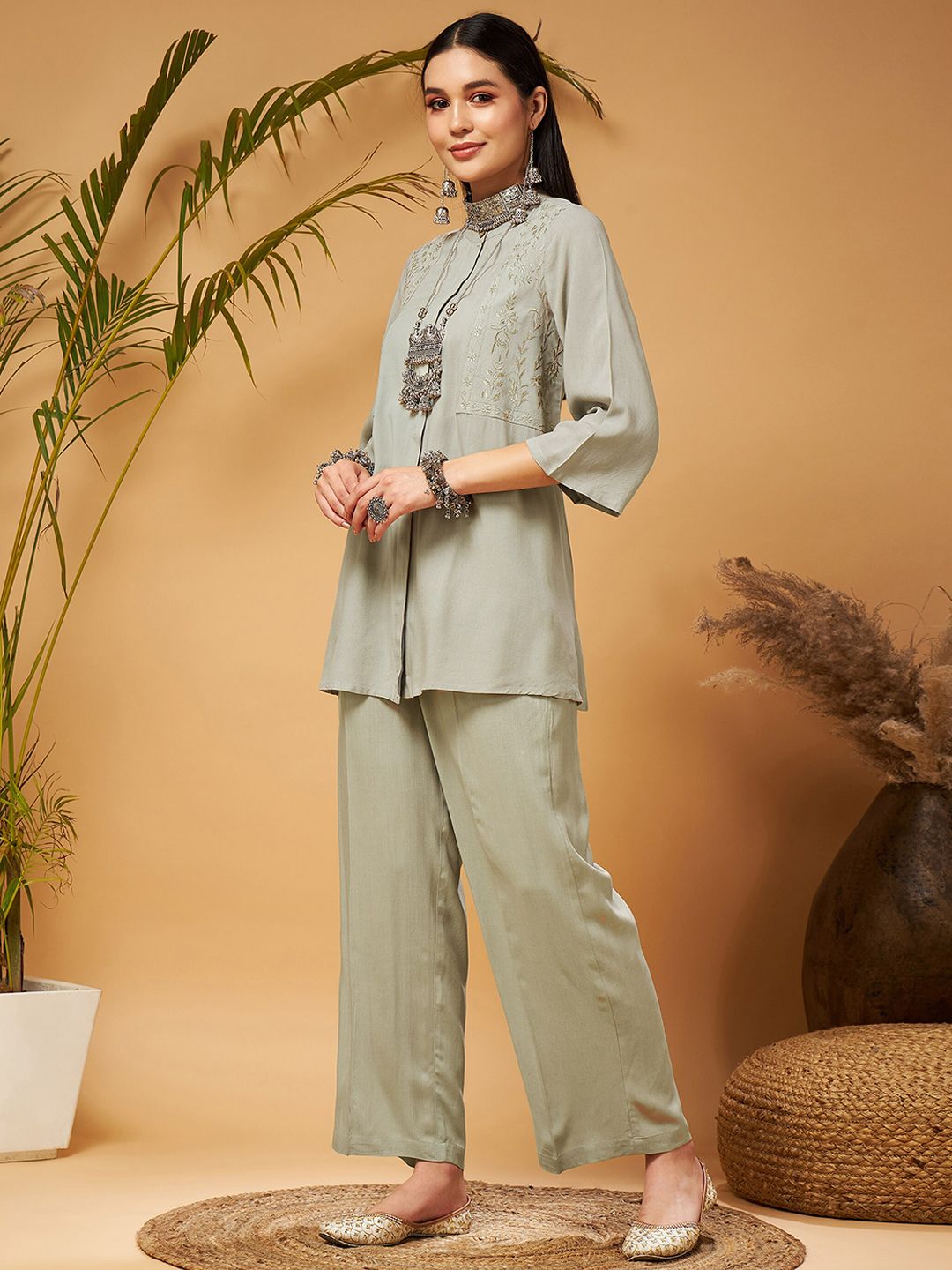 Taupe Embroidered Tunic With Palazzos - Image 4
