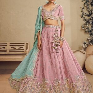 Embroidered Sequinned Satin Semi-Stitched Lehenga & Blouse With Dupatta