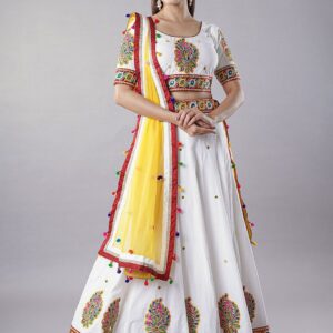 Embroidered Thread Work Cotton Ready To Wear Lehenga & Choli With Dupatta