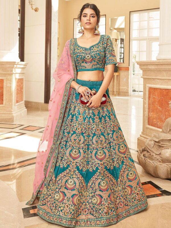 Embroidered Sequinned Velvet Semi-Stitched Lehenga & Unstitched Blouse With Dupatta - Image 2
