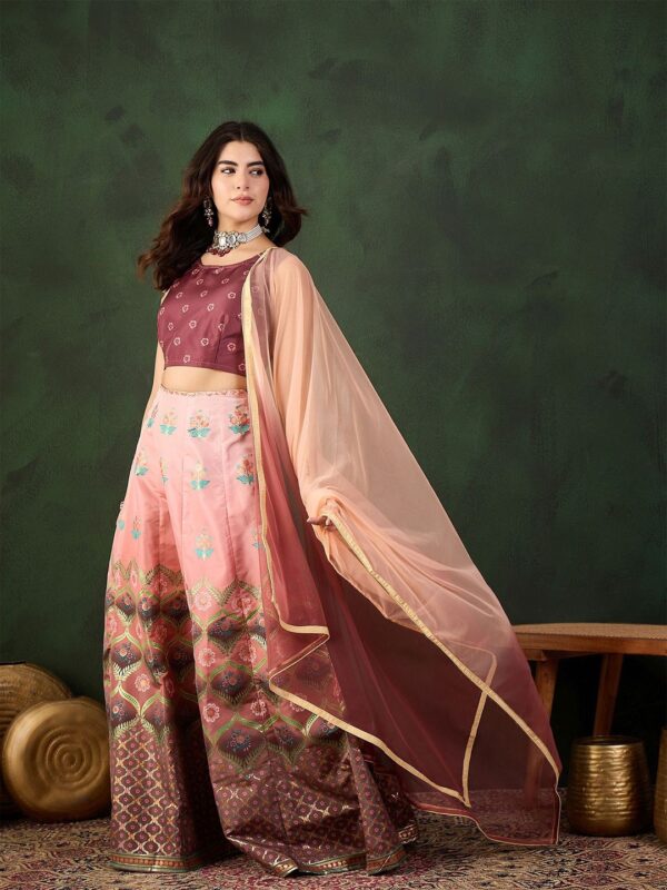 Placement Printed & Woven Design Jacquard Lehenga With Choli & Dupatta