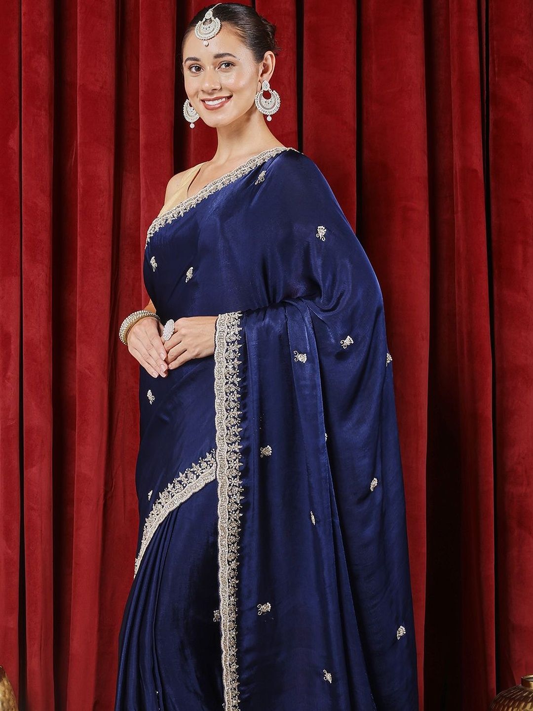 Meena Bazaar Embellished Embroidered Art Silk Heavy Work Saree - Image 3