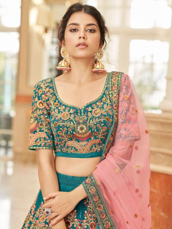 Embroidered Sequinned Velvet Semi-Stitched Lehenga & Unstitched Blouse With Dupatta - Image 3