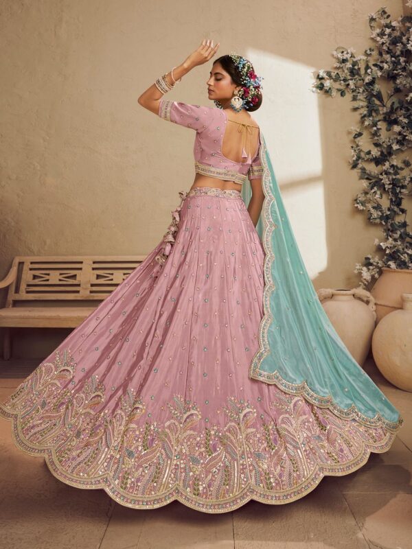Embroidered Sequinned Satin Semi-Stitched Lehenga & Blouse With Dupatta - Image 4
