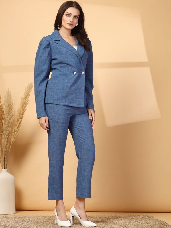 Blue Lapel Collar Long Sleeves Pure Cotton Blazer With Trouser - Image 4