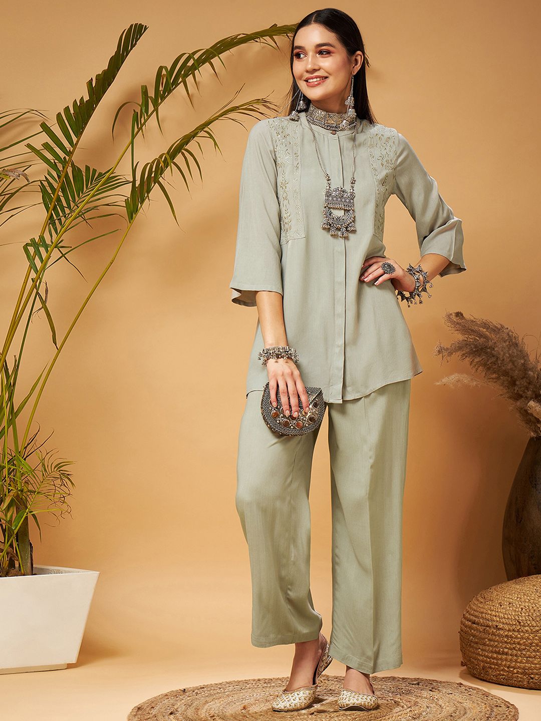 Taupe Embroidered Tunic With Palazzos