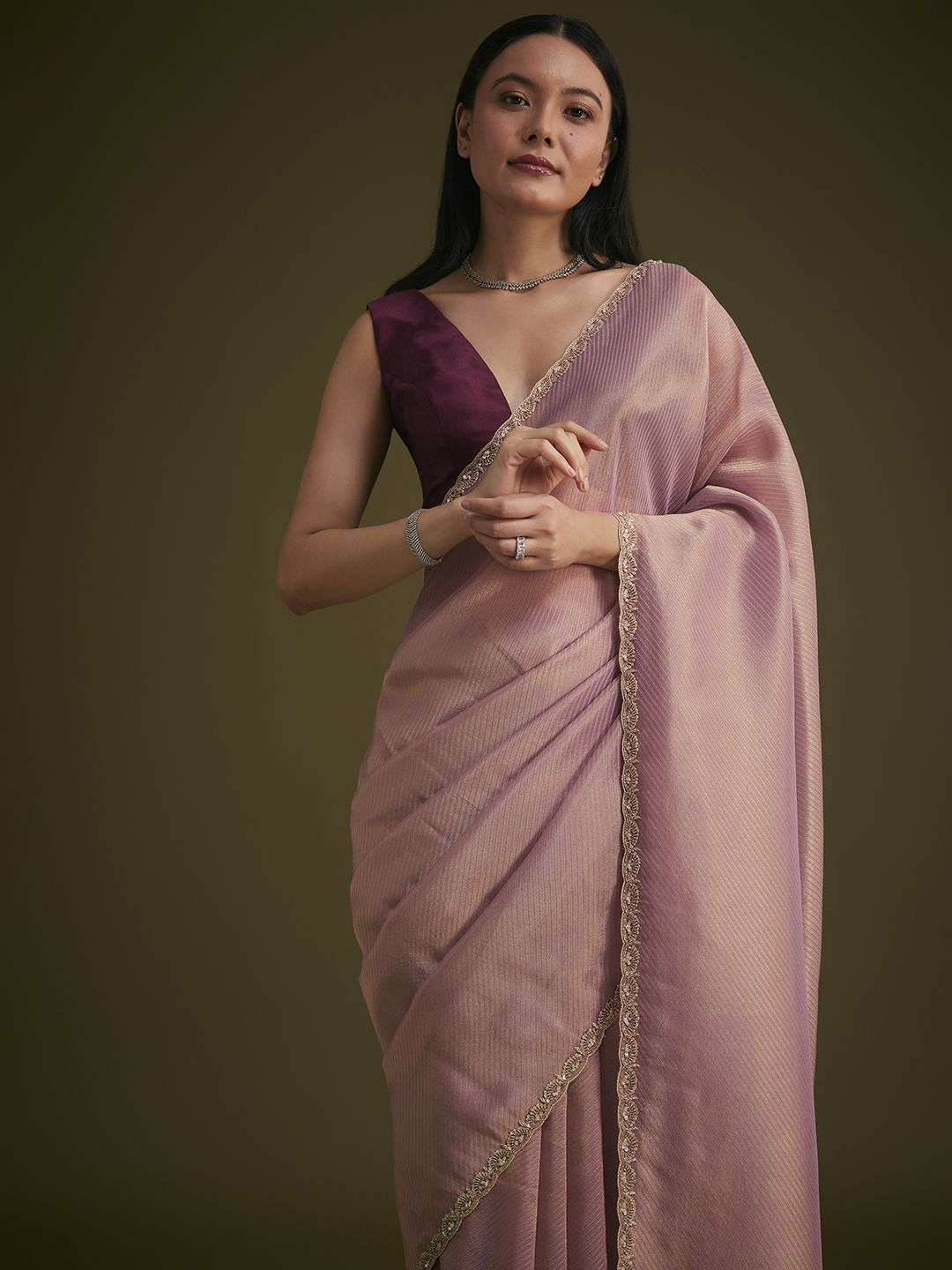 KALKI Fashion Striped Sequinned Tissue Saree With Contrast Blouse - Image 2