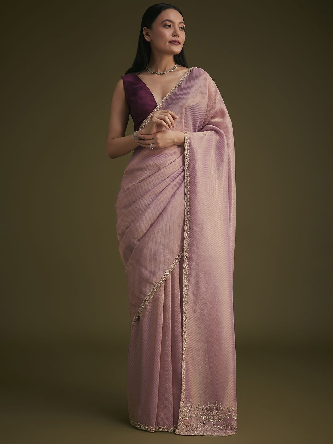 KALKI Fashion Striped Sequinned Tissue Saree With Contrast Blouse