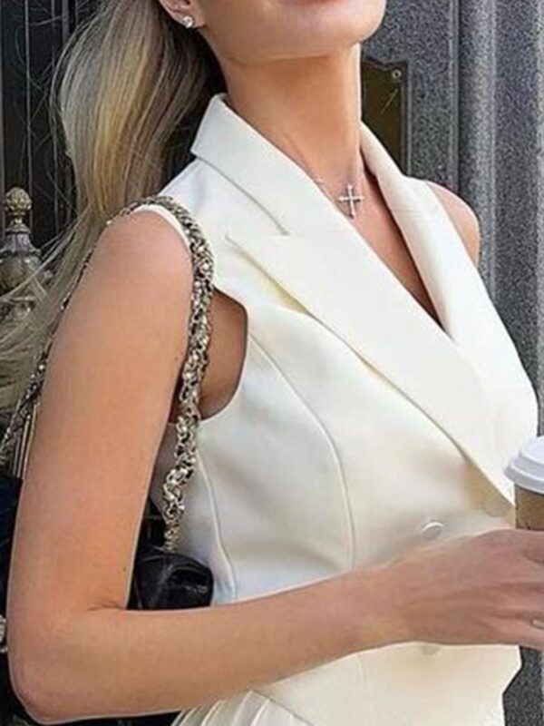 White Sleeveless Double-Breasted Vest & Accordion Pleat Mini Skirt Co-ord Set - Image 2