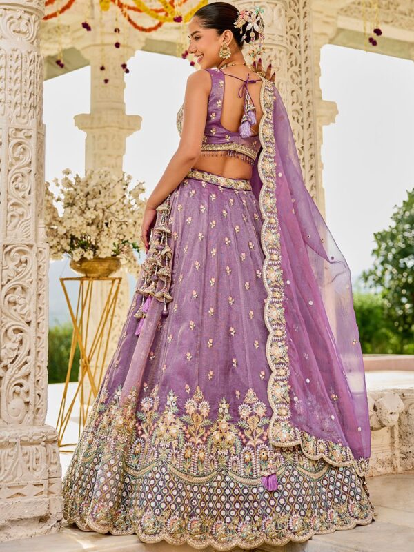 Purple Embroidered Sequinned Satin Silk Ready To Wear Lehenga & Choli With Dupatta - Image 4
