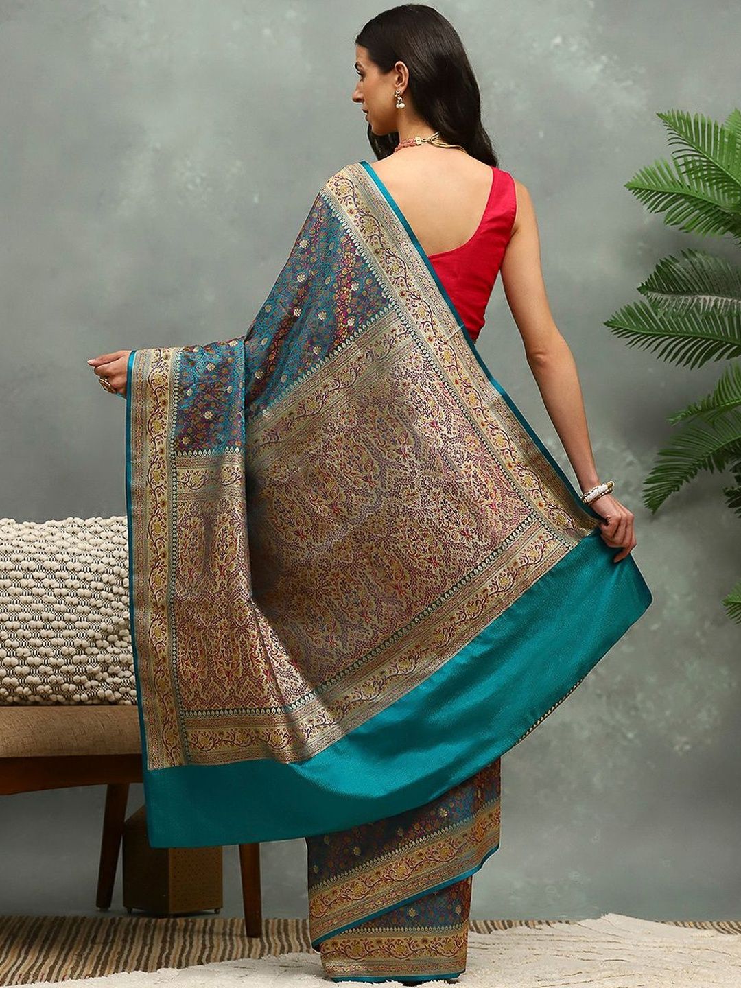 Meena Bazaar Ethnic Motifs Woven Design Zari Heavy Work Banarasi Saree - Image 2