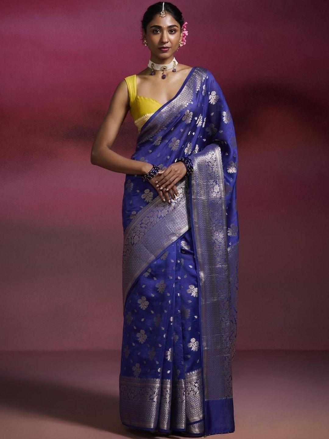 Dressfolk Ink Blue Woven Design Banarasi Silk Cotton Saree With Zari Border & Floral Butta - Image 2