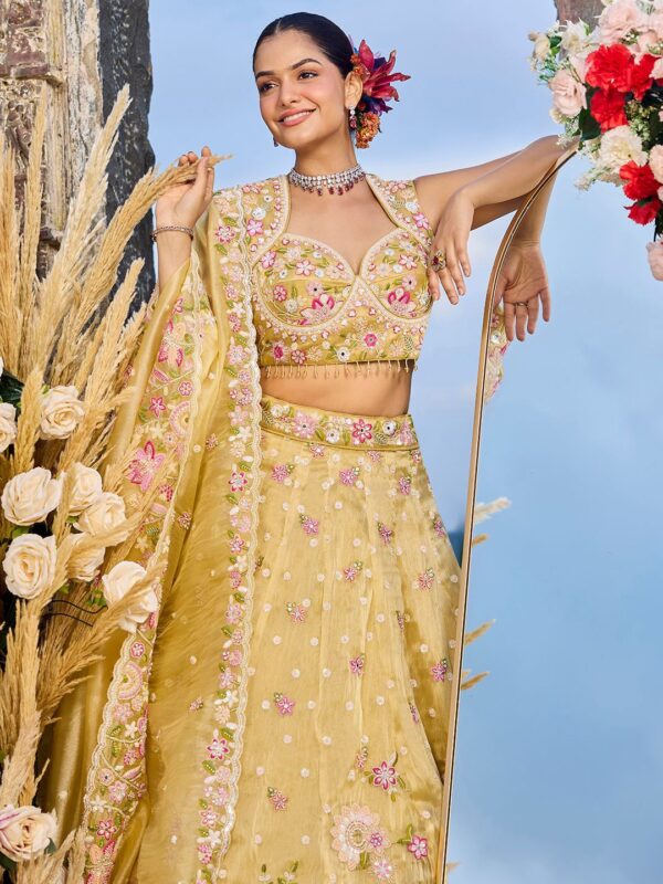 Yellow Embroidered Tissue Sequinned Ready To Wear Lehenga & Blouse With Dupatta - Image 2