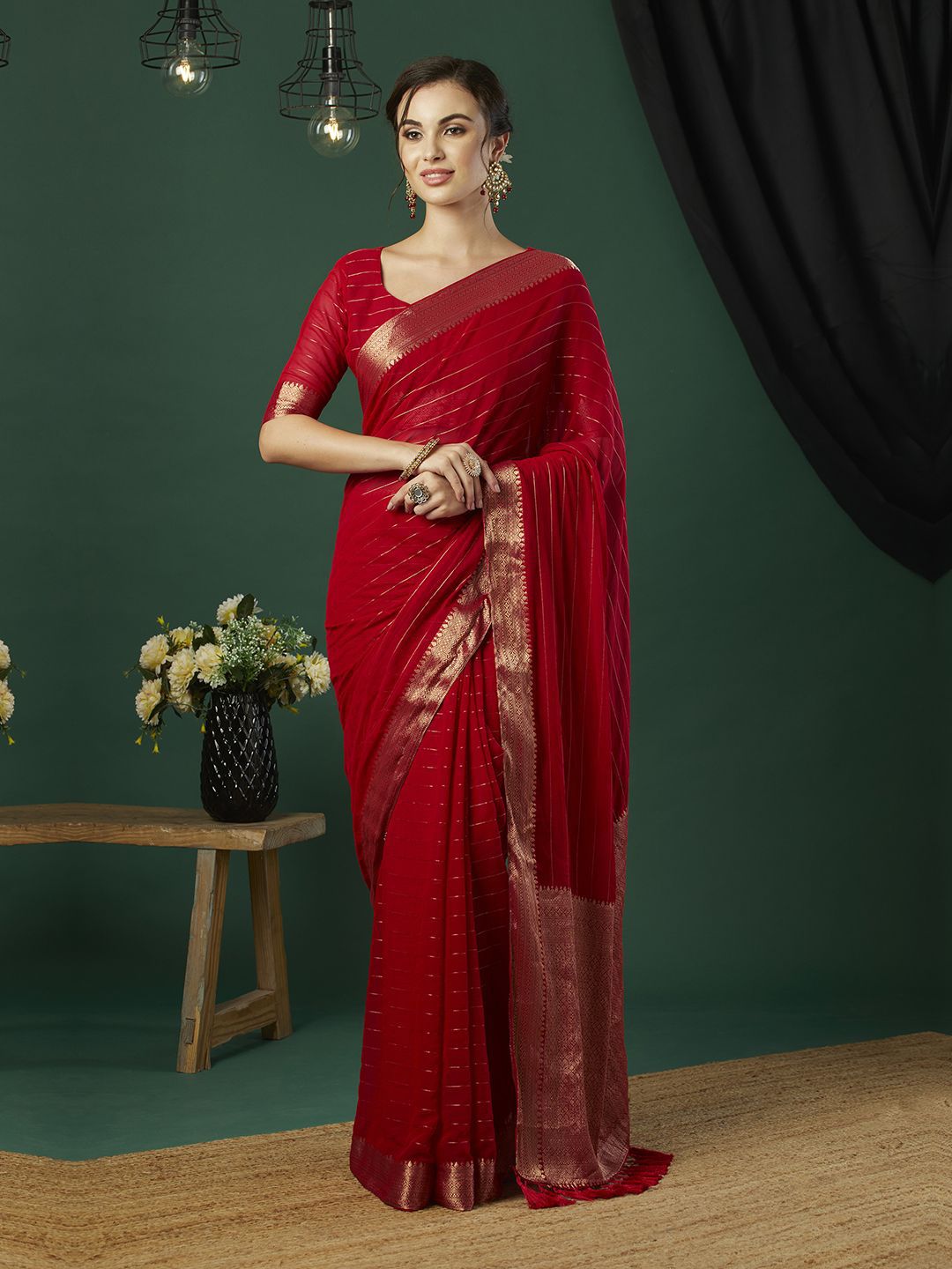 KAYOMMI Striped Zari Pure Chiffon Saree